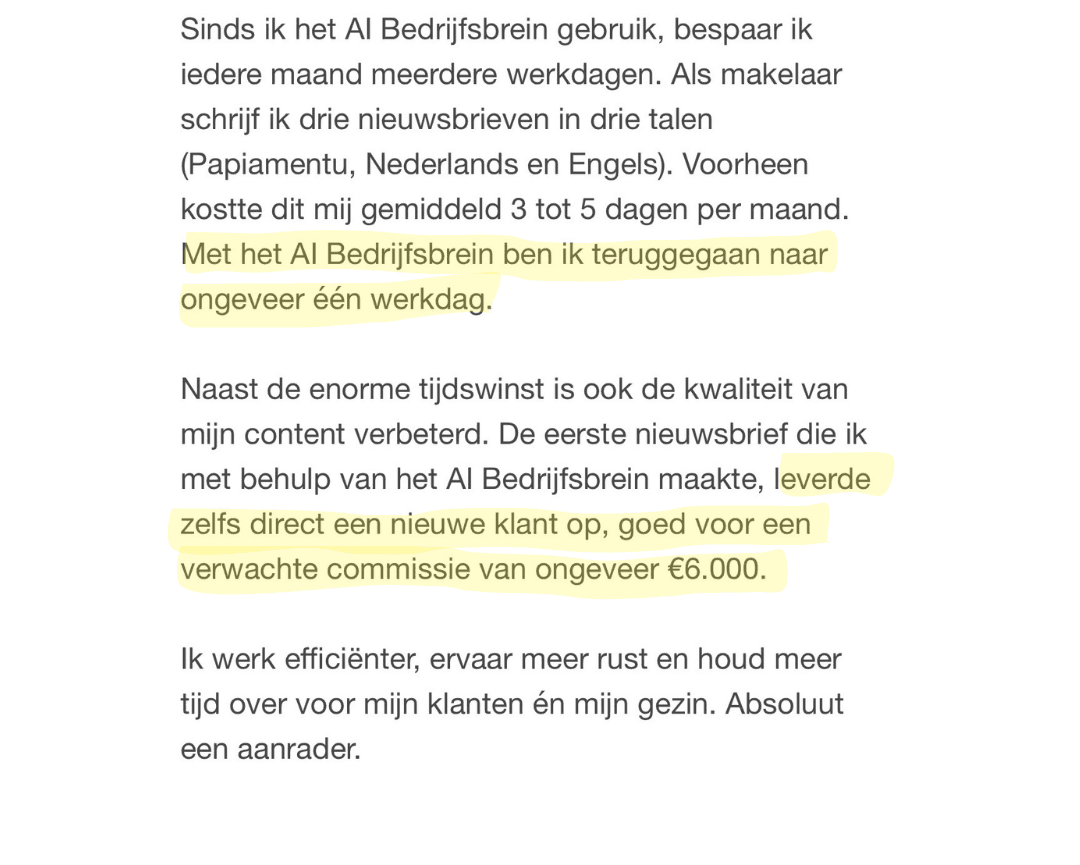 Google review van een klant: de eerste nieuwsbrief met het AI BedrijfsBrein leverde direct een nieuwe klant op, goed voor een verwachte commissie van ongeveer 6.000 euro