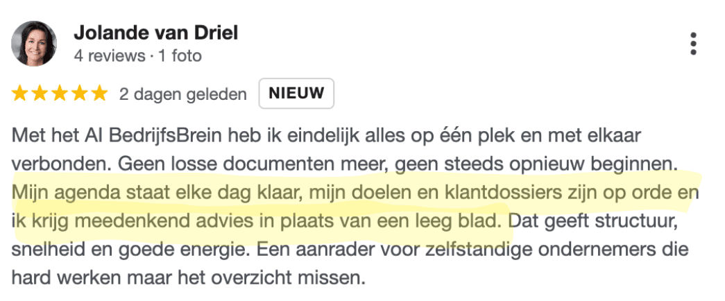 Review van klant over haar AI BedrijfsBrein