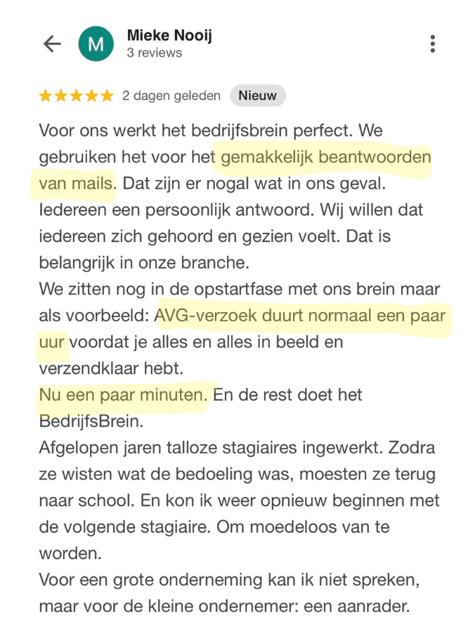 Review van klant over haar AI BedrijfsBrein