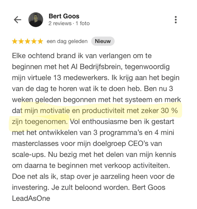 Review van klant over haar AI BedrijfsBrein